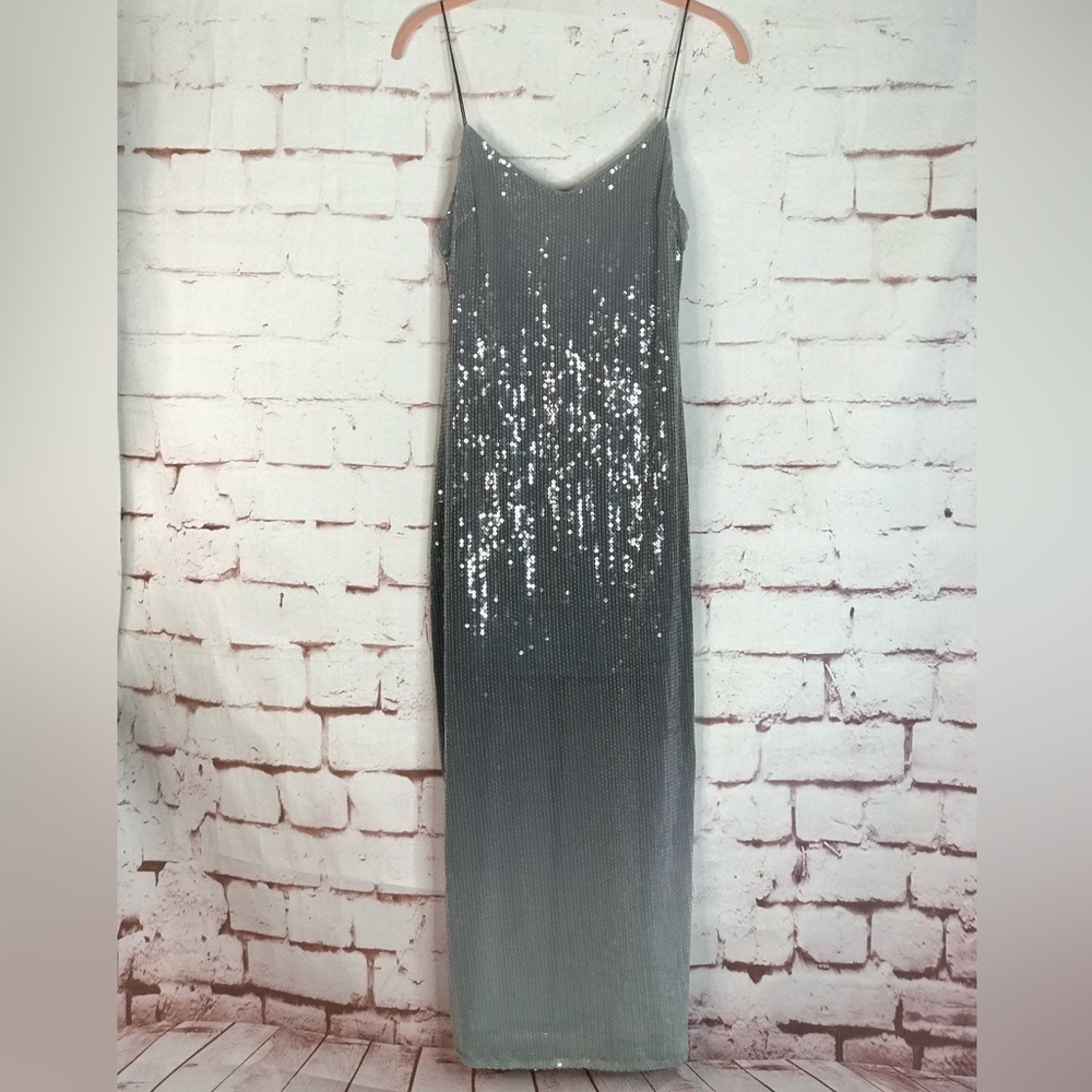 ZARA Degrade Silver Shimmer Sequin Midi Slip Prom Dress Size XS NEW WITH TAGS - Picture 9 of 16